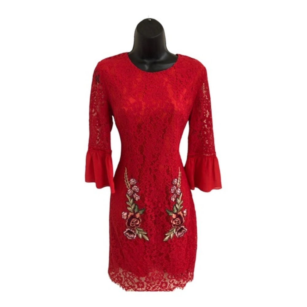 Ava Rose red lace peplum bell sleeve embroidered fitted sheath dress size small - Picture 11 of 12